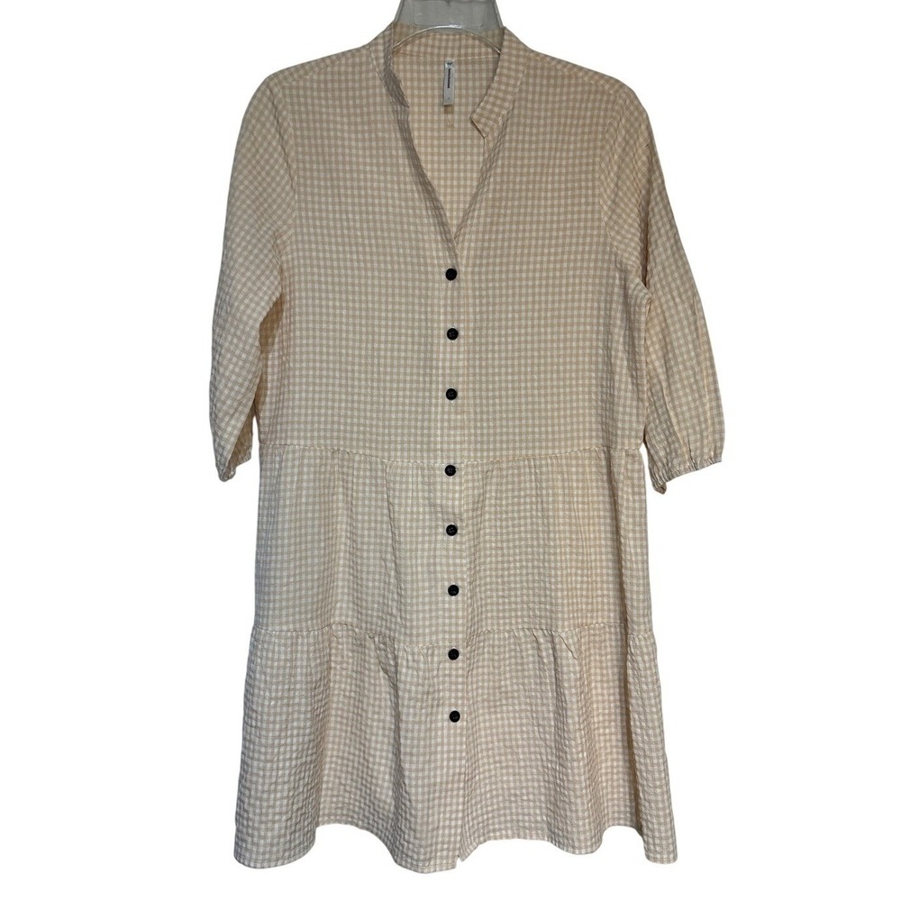 Beachsissi Womens Dress Size S Beige White‎ Gingham Button Front Tiered Casual
